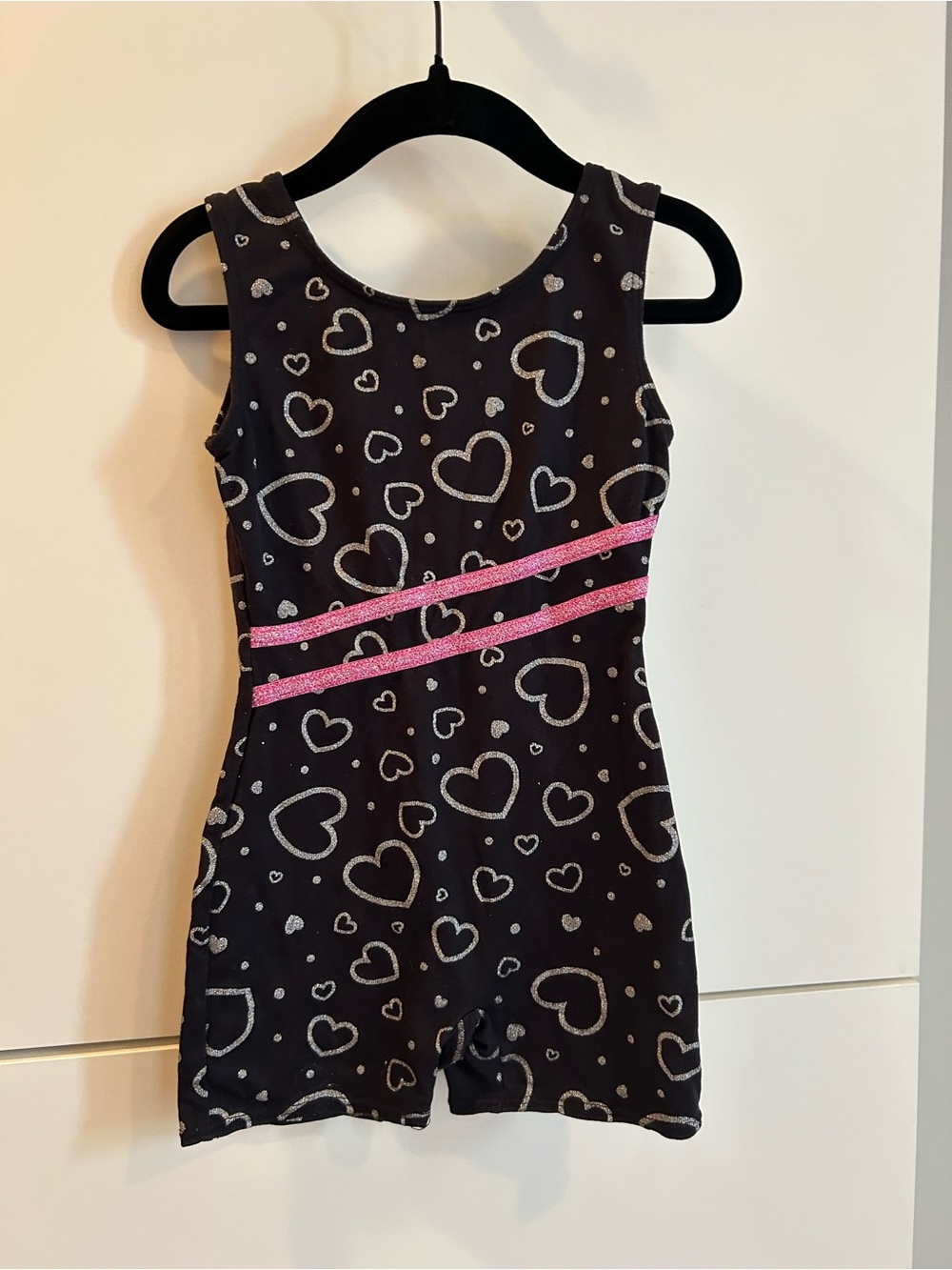 Jacques Moret Black Heart-Print Gymnastics Romper with Pink Bands - 6/7
